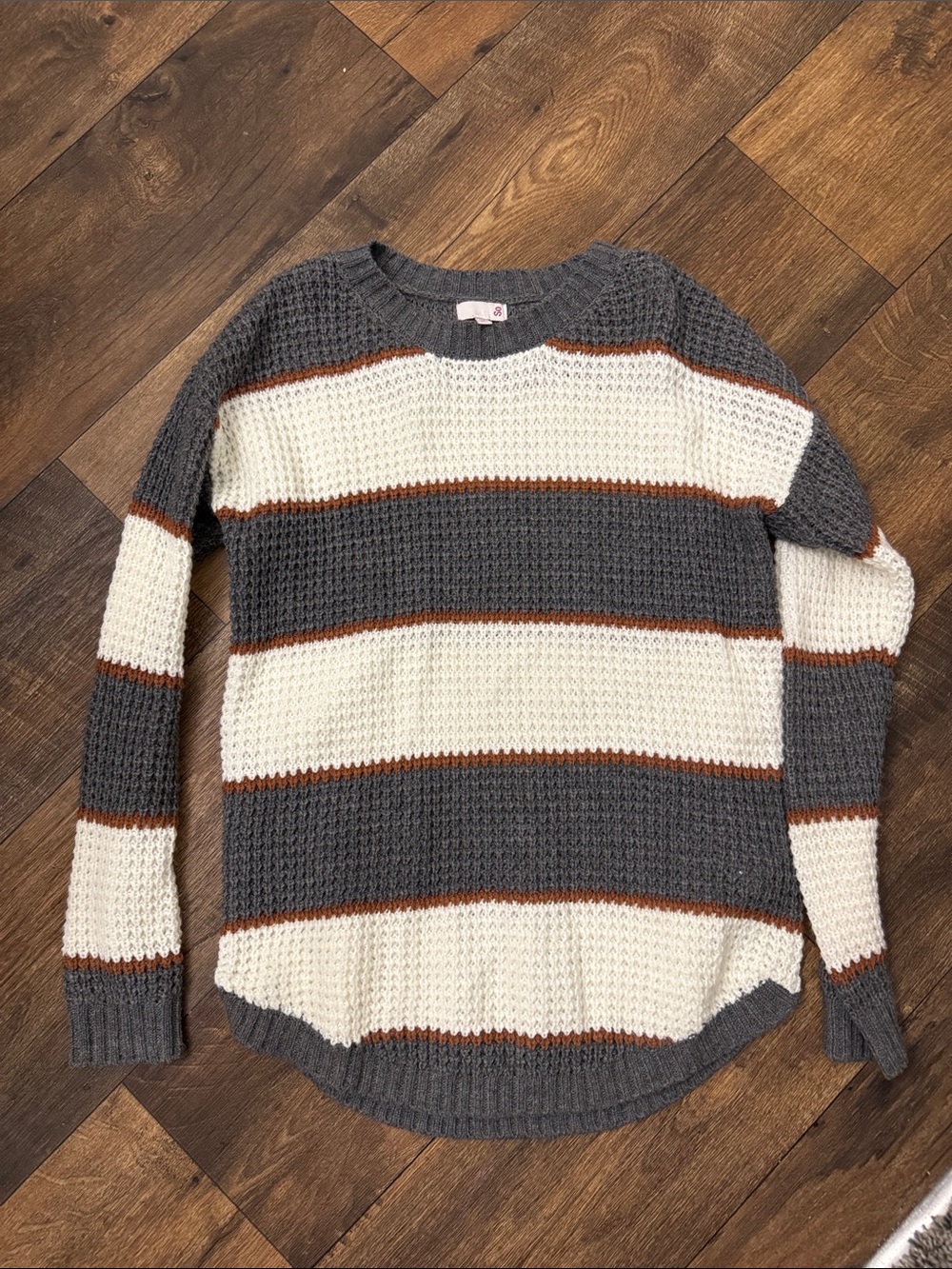 SO Striped Waffle-Knit Crewneck Sweater in Gray, Cream & Brown